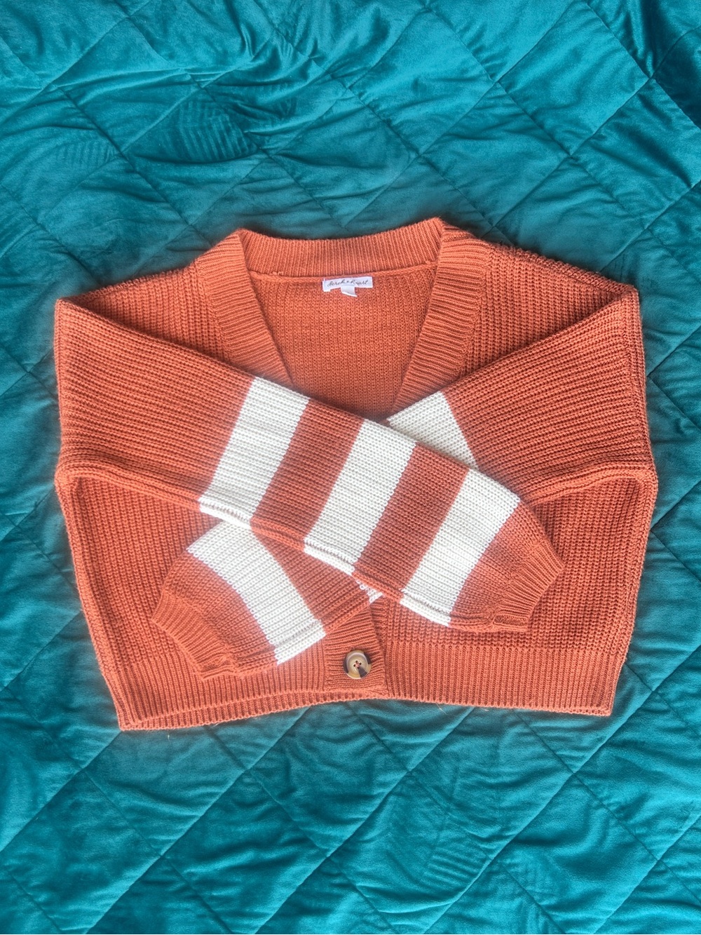 Cropped Orange Cardigan w/ Cream Striped Sleeves | Oversized | Derek Heart Small